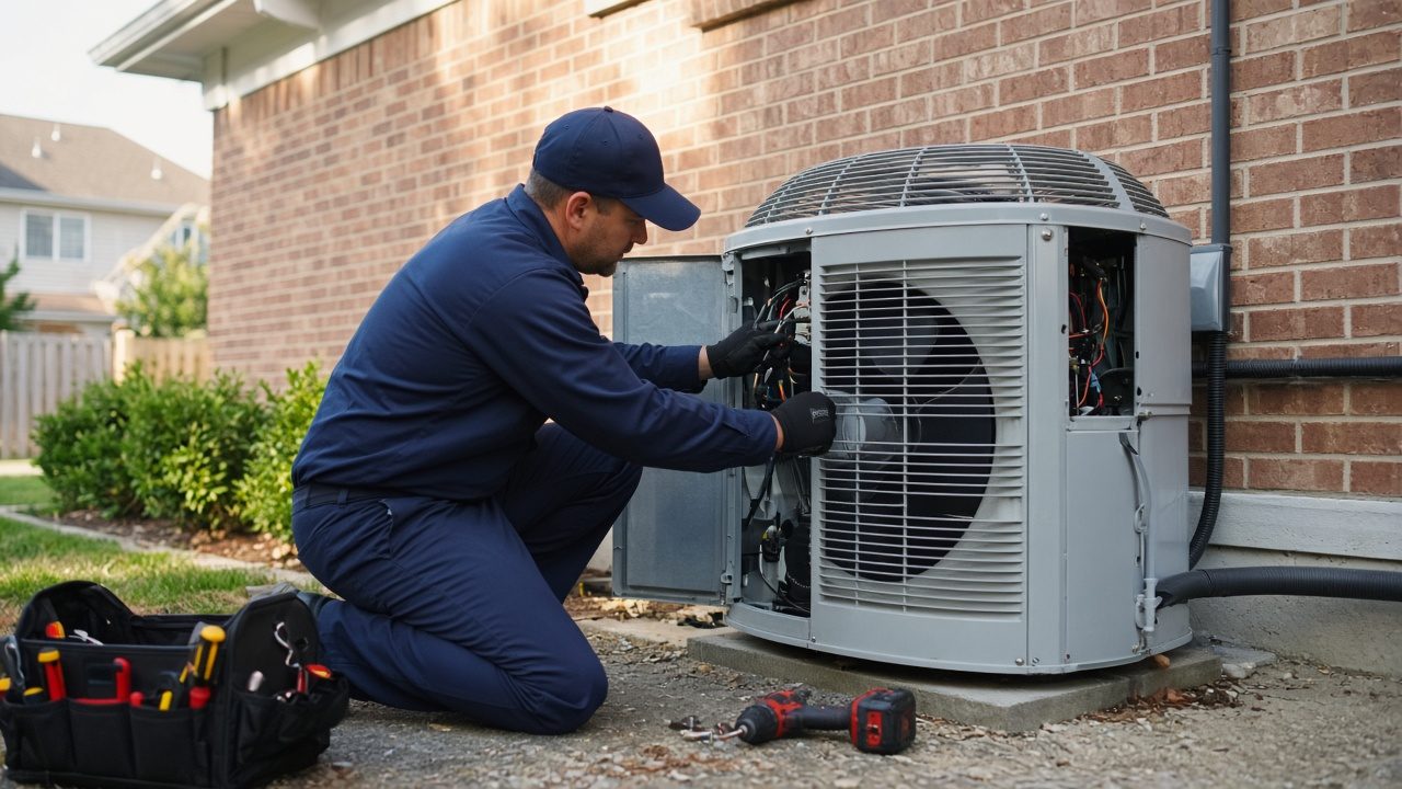 HVAC technician servicing an outdoor air conditioning unit