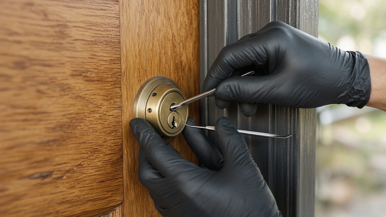 Locksmith working on a residential door lock