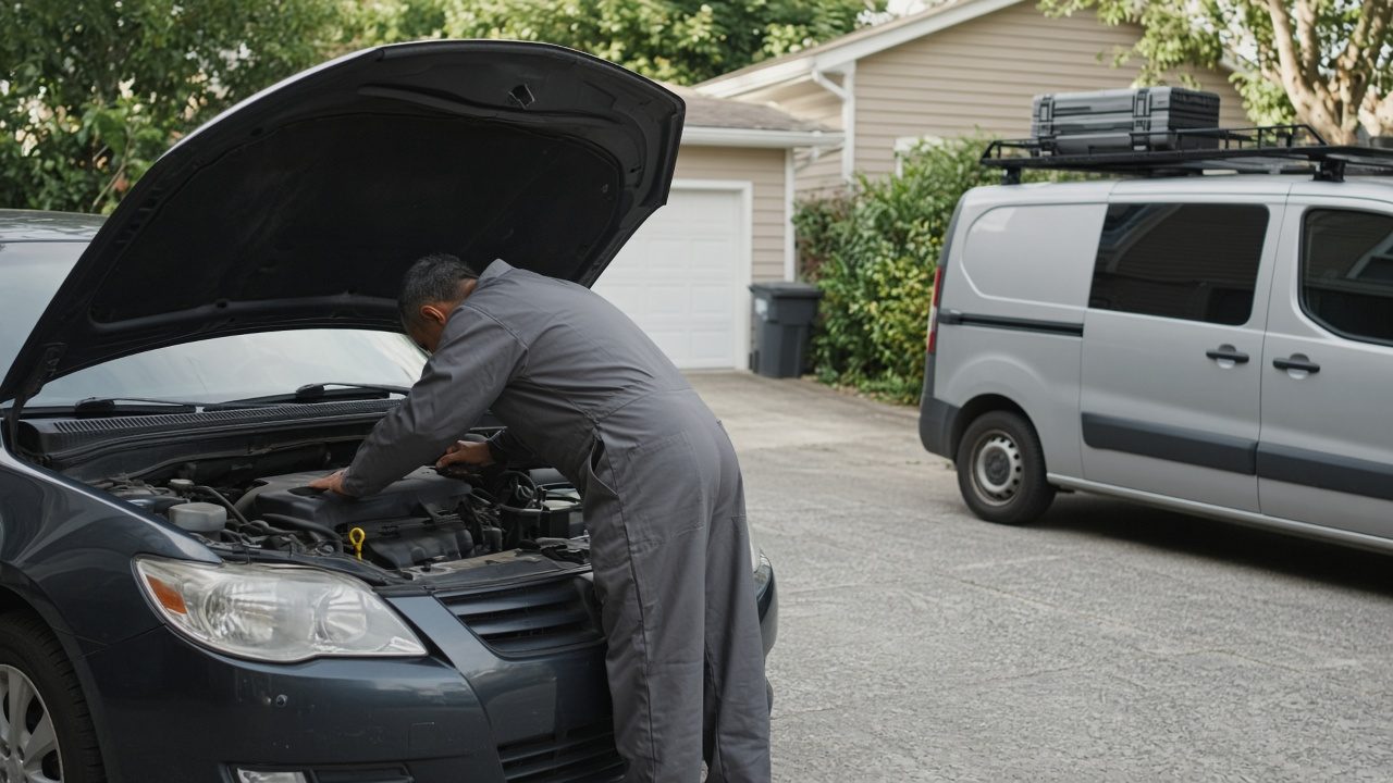 Mobile mechanic repairing a car in a driveway