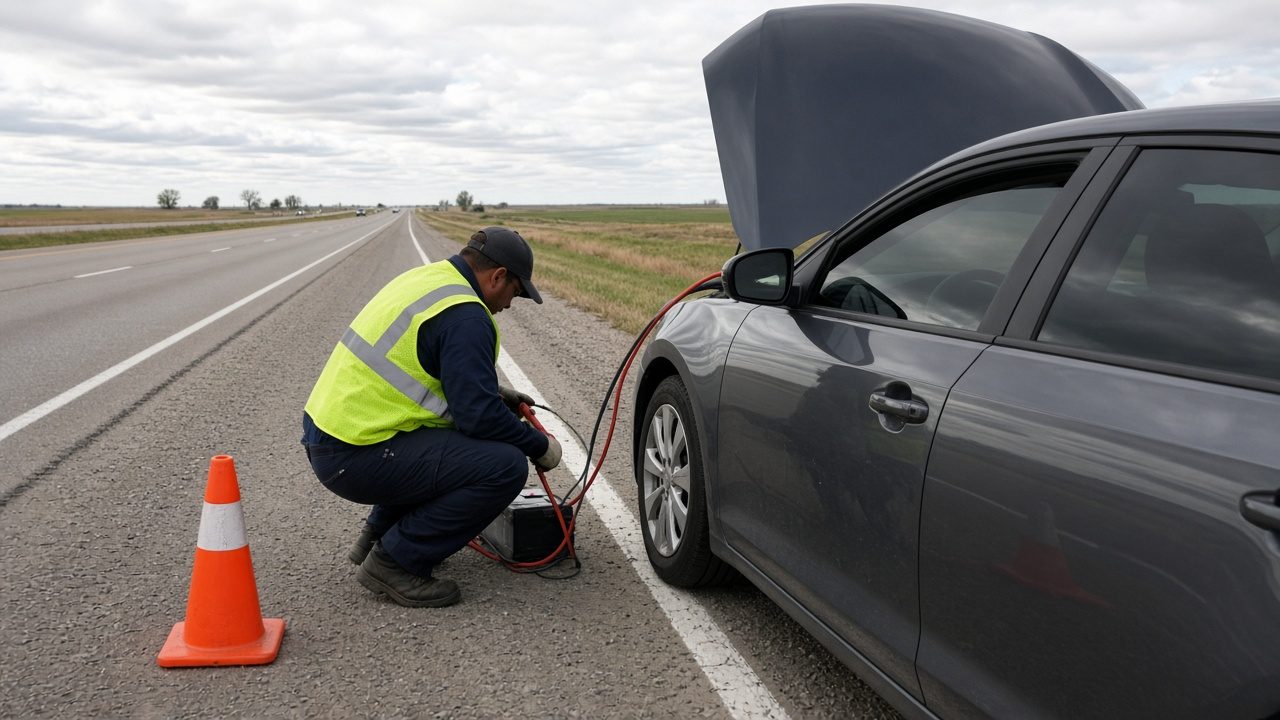 Roadside assistance jump-starting a car on a highway shoulder
