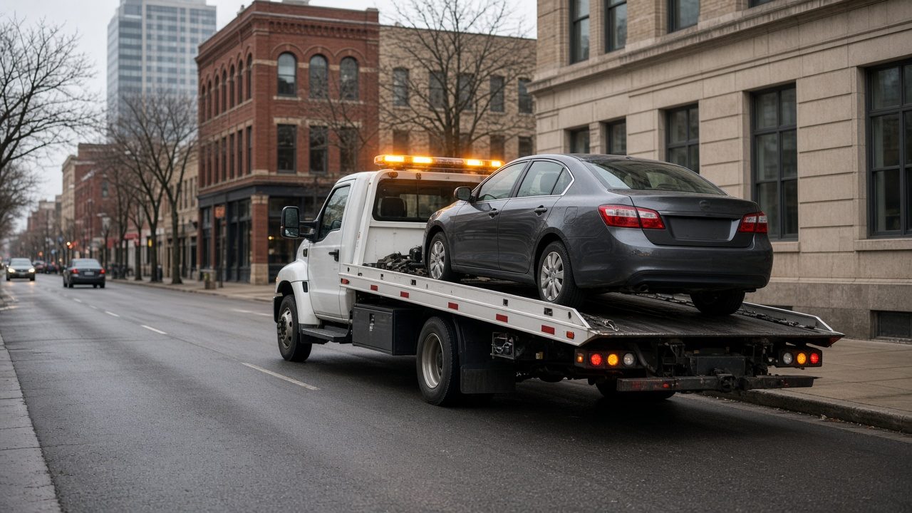 Tow truck loading a car on a city street